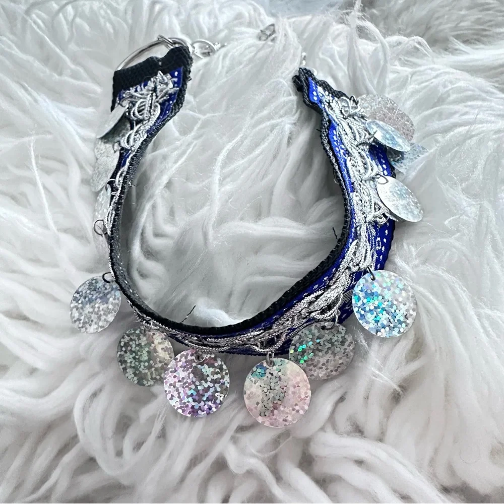 Festival Choker Necklace Handmade Navy + Silver Iridescent Sequin Coins Signed - Picture 7 of 15